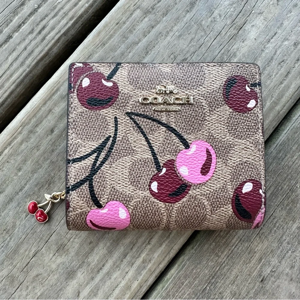 Coach Snap Wallet In Signature Canvas With Cherry Print In Tan Multi Zip Fold